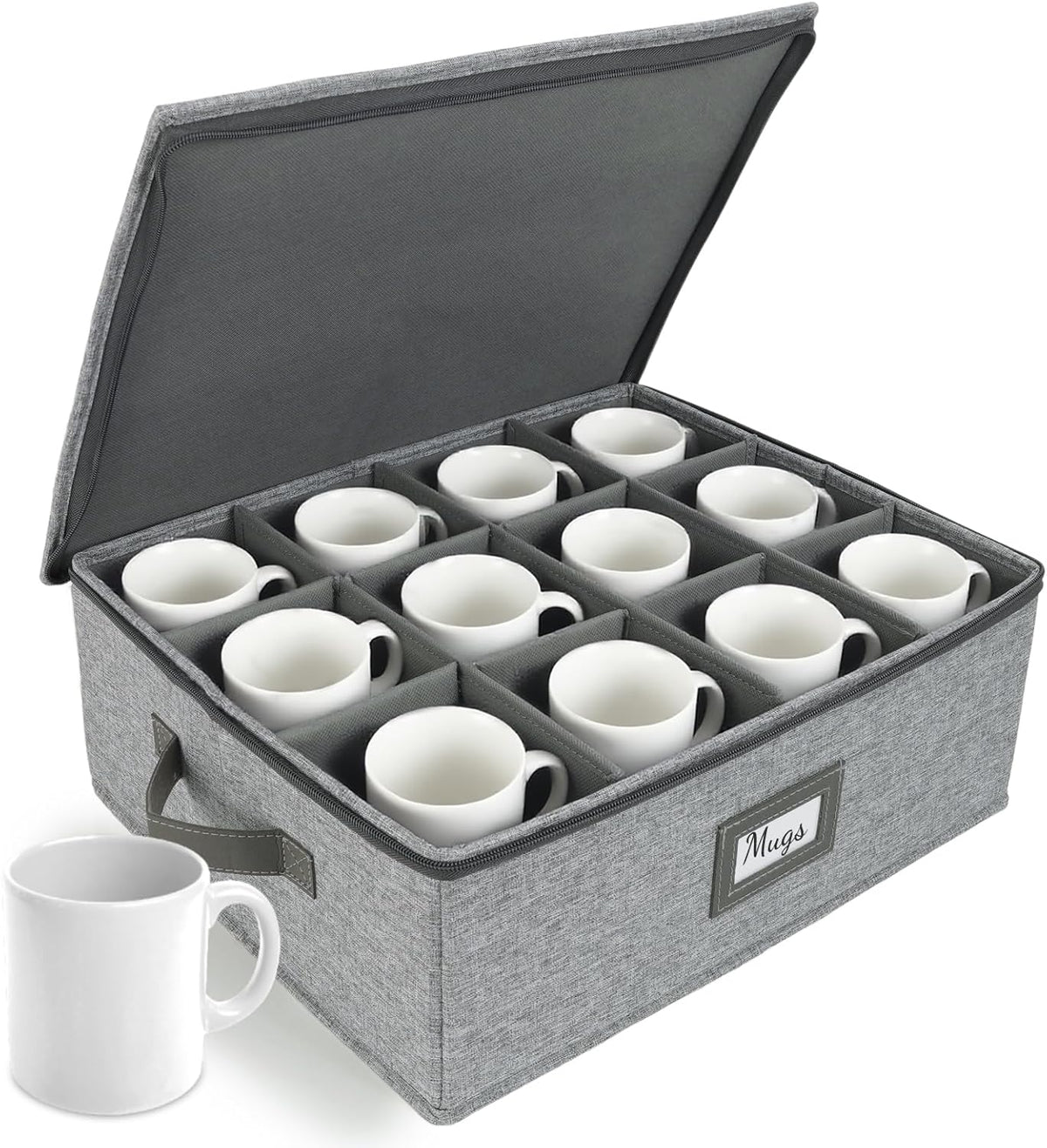 HOMELUX THEORY Coffee Mug Storage with Dividers, Light Gray Hard Shell China Storage Containers, Kitchen Storage Bins With Lids, Heavy Duty Moving Box for Packing Glassware, Stemware & Glassware
