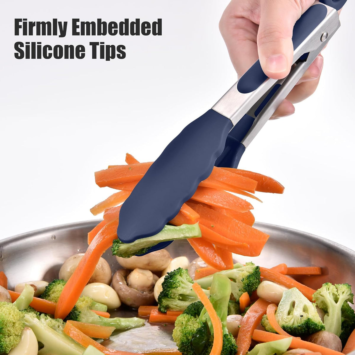 Doosu Kitchen Tongs for Cooking - 600°F Heat Resistant Food Tong with Non-Scratch Silicone Tips, Heavy Duty Stainless Steel Locking Tong for BBQ, Grilling Steak, Serving Salad Pasta (7in, Navy Blue)