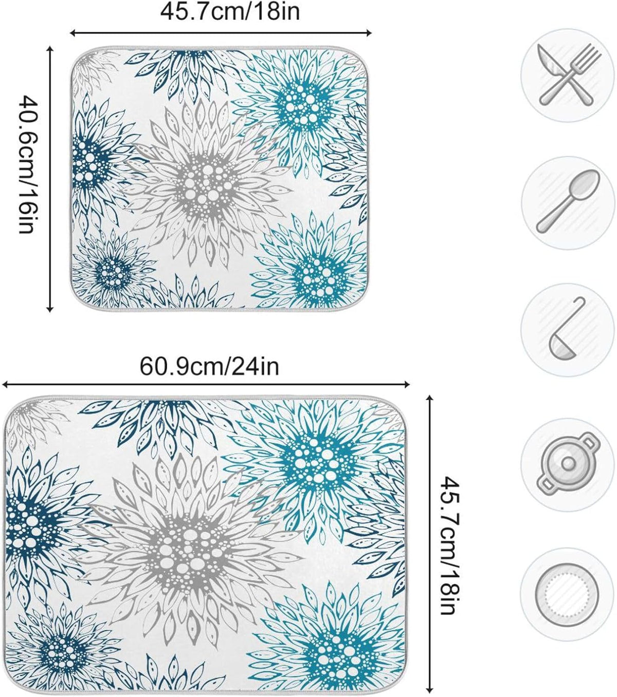 Abstract Flowers Sunflowers Dish Drying Mat for Kitchen Counter Absorbent Microfiber Drying Pad, Large 18x24 in, Blue White Reversible Drainer Mats