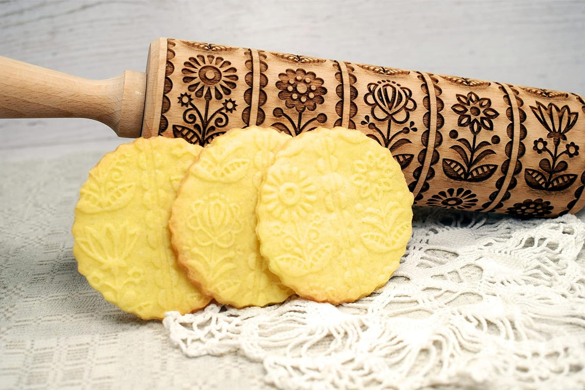 FOLKSY FLOWERS Embossing Rolling Pin. Laser Engraved Dough Roller with Folk Pattern for Embossed Cookies and Pottery by Algis Crafts