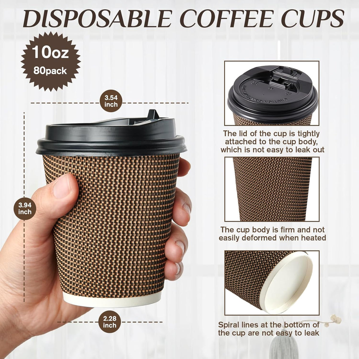 LITOPAK 80 Pack 10 oz Paper Coffee Cups, Insulated Ripple Wall Hot Coffee Cups with Lid and Straws, Brown Three Layer Insulated Hot Beverage Cups for Parties, Picnic, and Travel