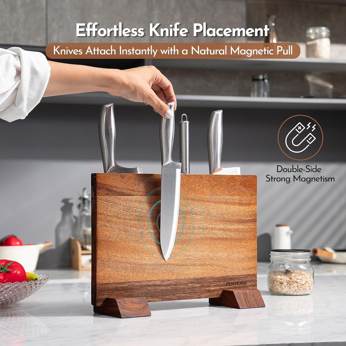 Double-Sided Magnetic Knife Block – 13.8.5 x 9.1 Inch Walnut Wood Knife Holder with 24 Powerful Magnets, Universal Knife Storage Stand with Non-Slip Base & Sharpening Rod