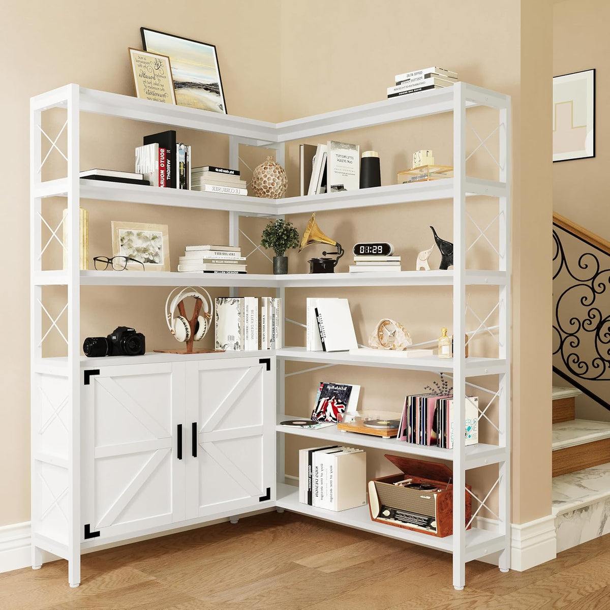 6-Shelf Corner Bookshelf, Vintage Industrial Corner Shelf Etagere Bookcase, Large Book Shelf with Metal Frame Open Storage Corner Cabinet (White-Lockers, Large)