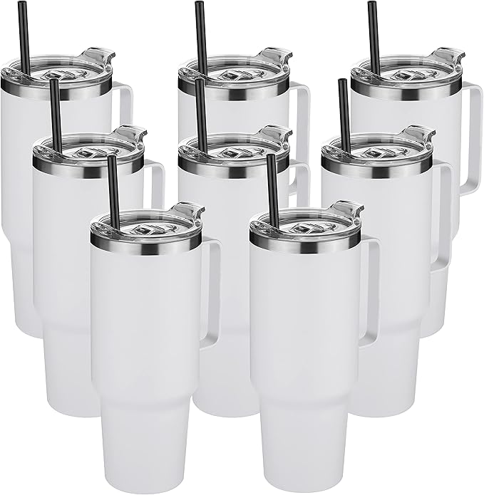 HASLE OUTFITTERS 40 oz Stainless Steel Tumbler with Handle, Vacuum Insulated Tumblers Bulk, Reusable Double Wall Travel Coffee Mug, Durable Powder Coated Water Bottles(White, 8)