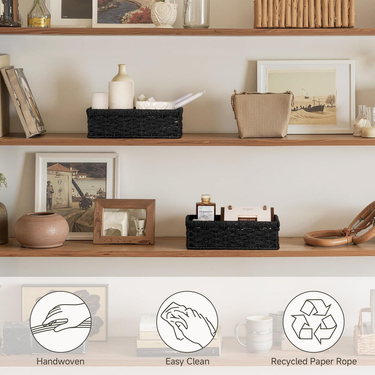 StorageWorks Small, Pantry Baskets, Wicker Storage Baskets for Organizing, Bathroom Shelves, Pantry Organizers and Storage, Black, 2-Pack