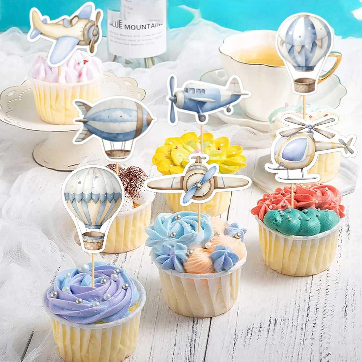 35PCS Airplane Cupcake Toppers Hot Air Balloon Helicopter Travel Themed Party Decorations Baby Shower Kids Boys Girls Birthday Party Cake Decorations Supplies
