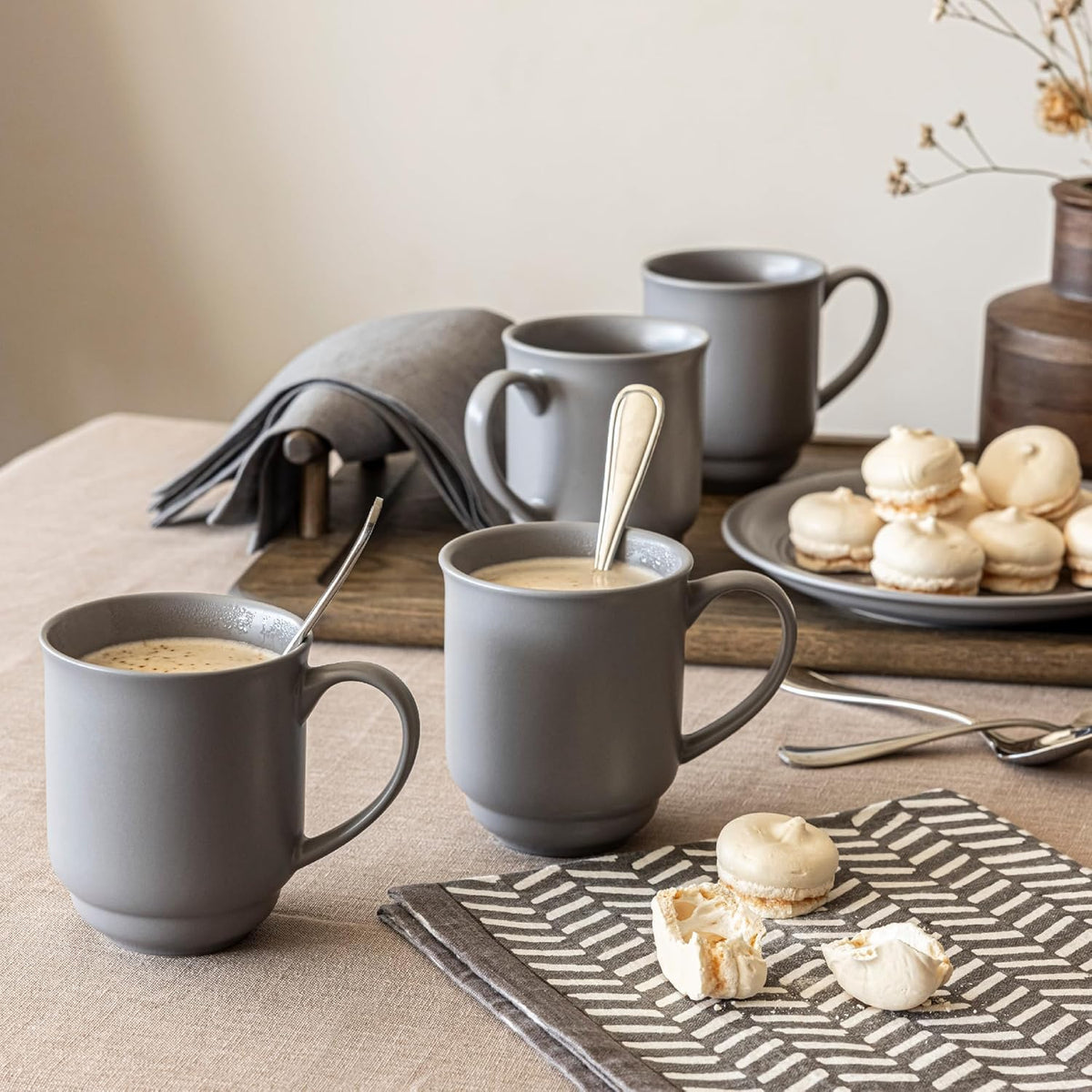 over&back Rim Stoneware Coffee Mugs - 4-Piece Mug Set - Enjoy the Perfect Cup of Coffee, Tea, Latte, and More - Semi-Matte Charcoal - 16oz