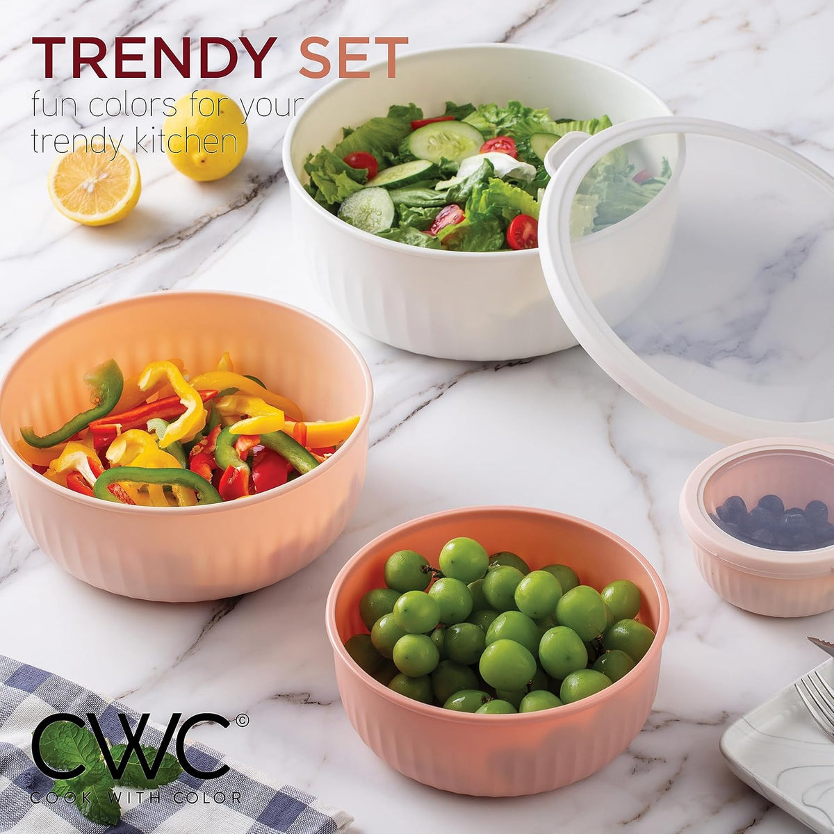COOK WITH COLOR Prep Bowls with Lids- 12 Piece Nesting Plastic Small Mixing Bowl Set with Lids (Multi Colored), Grey/Pink
