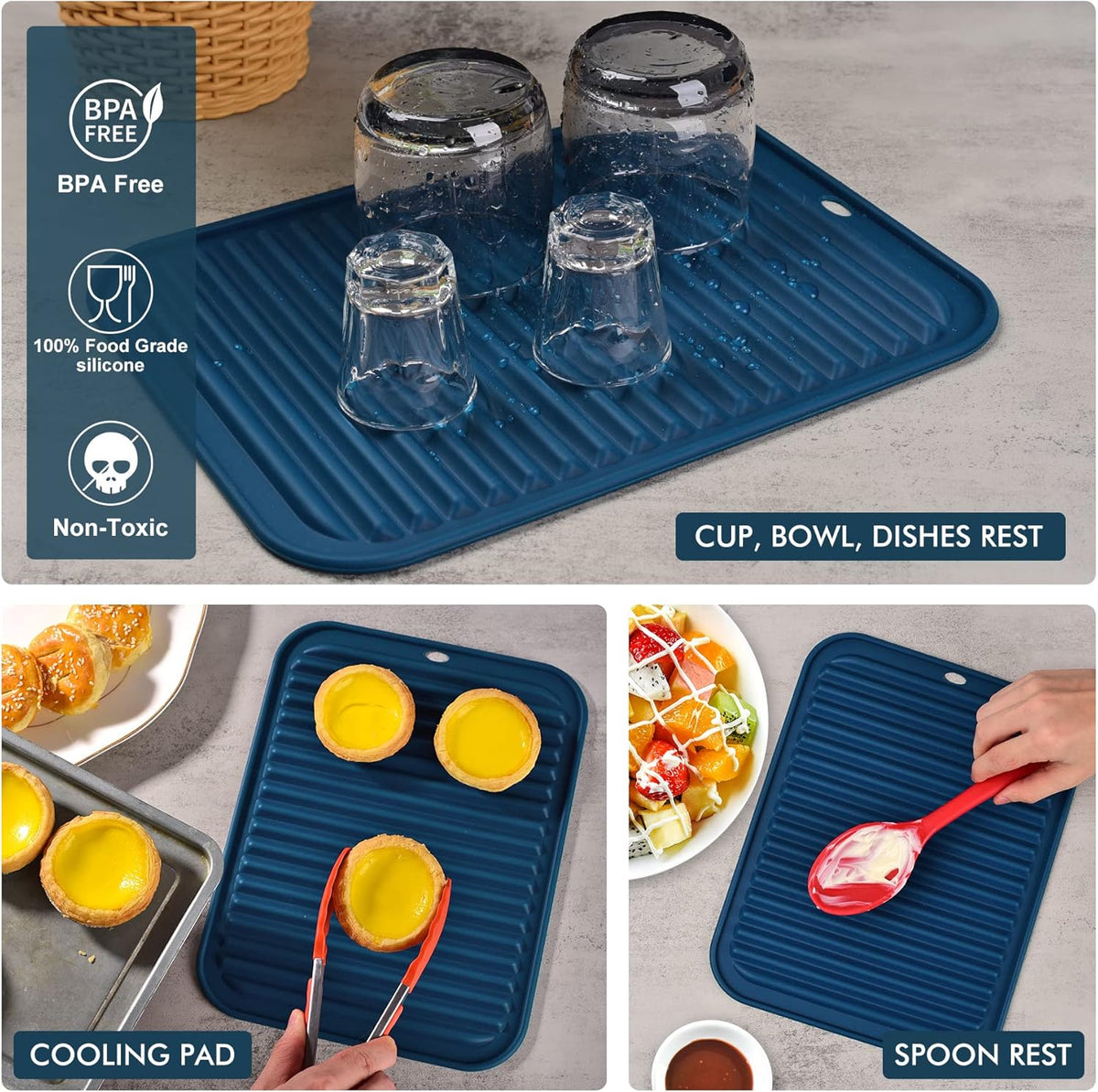 HOTEC BPA Free Silicone Trivets for Hot pots and Pans, 446℉ Heat Resistant for Kitchen Counter Dish Drying Mat, Set of 2 Classic Blue