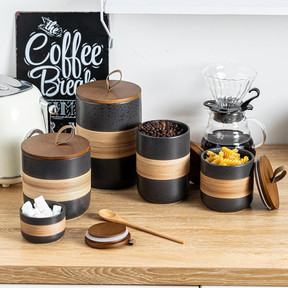 Small Ceramic Jar with Lid, Coffee Container Kitchen Food Storage Jars for Spice Sugar Tea Bag Matcha Container Airtight, Stacairtightkable Decorative Jars for Countertop, Black & 5oz