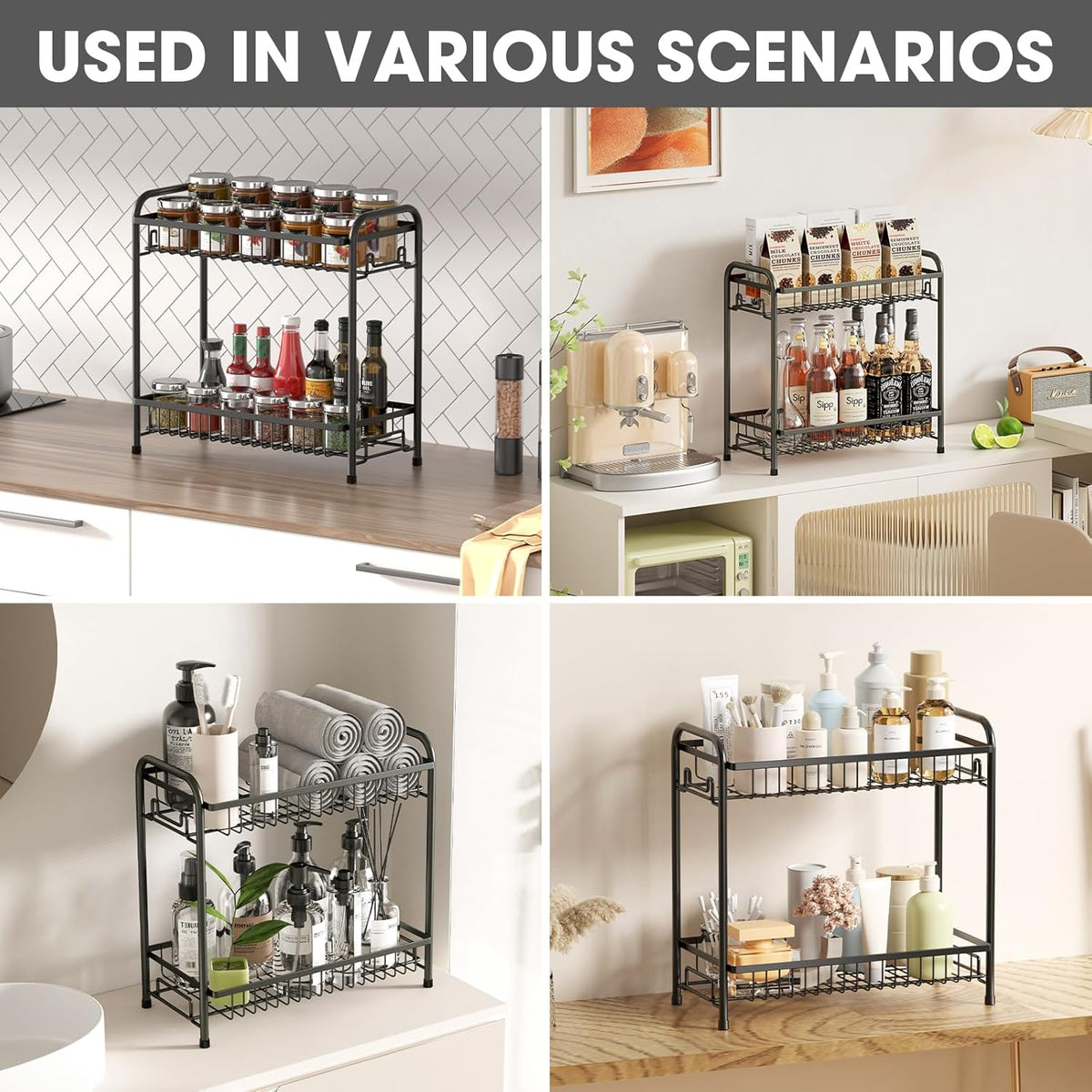 Spice Rack for Countertop, 2-Tier Standing Sturdy Metal Seasoning Organizer Holder, Space Saving Spice Shlef for Kitchen, Cabinet, Pantry Storage, Easy Assembly, Black