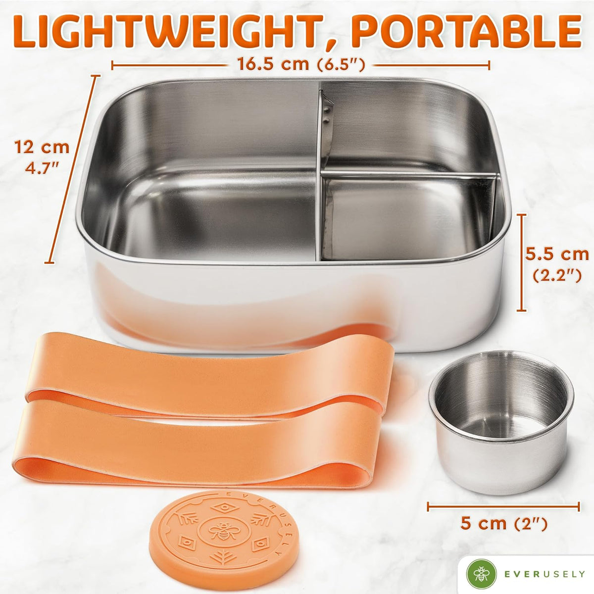 Everusely - Bento Box - Orange, 27oz / 0.8 L - Stainless Steel Lunch Box with Leakproof Condiment Container - 3 Compartment Snack Organizer for On the Go Meals - Freezer & Dishwasher Safe