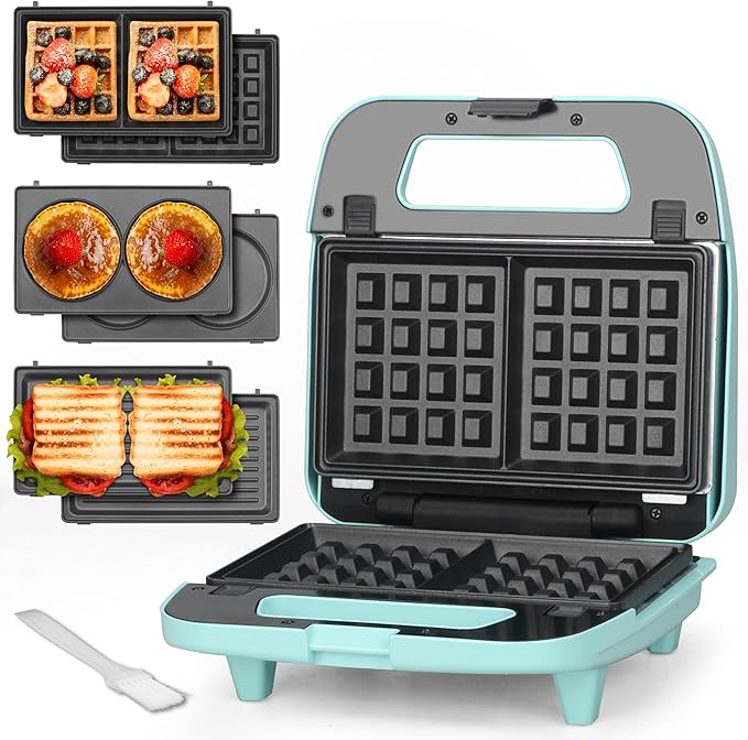 Baker’s Friend 3 in 1 Mini Waffle Maker with Removable Plates, Mini Pancake Maker, Grilled Cheese Maker, Breakfast Sandwich Maker Press, Indoor Grill, Belgian Waffle Maker, Aqua