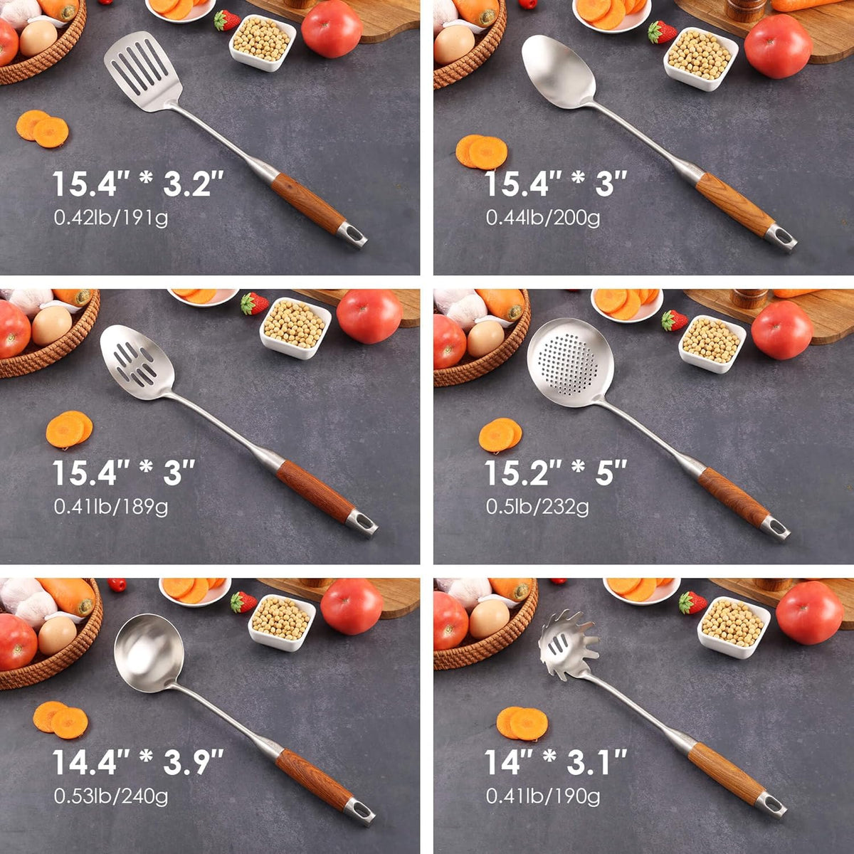 18/10 Stainless Steel Kitchen Utensils Set with Wood Handle - 15” Long Metal Cooking Tools - Serving Solid/Slotted Spoon, Tunner, Skimmer, Soup Ladle, Spaghetti Spoon, Large Spoons Set of 6