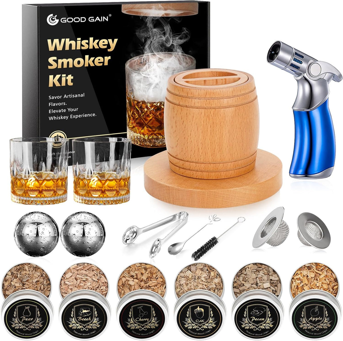 Whiskey Smoker Kit with Torch - Old Fashioned Cocktail Smoker Kit with 6 Flavors Wood Chips | Bourbon Drink Smoke Set with 2 XL Stainless Steel Ice Balls & 2 Glasses for Men, Dad(No Fuel Included)