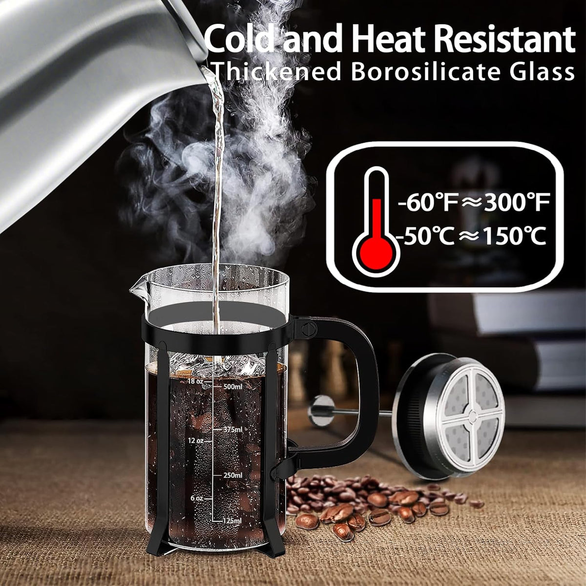 French Press Coffee Maker 304 Stainless Steel Coffee Press,with 4 Filters System, Heat Resistant Thickness Borosilicate French Press Glass, BPA-Free Brewed Tea Pot Coffee Plunger(Copper 12oz)