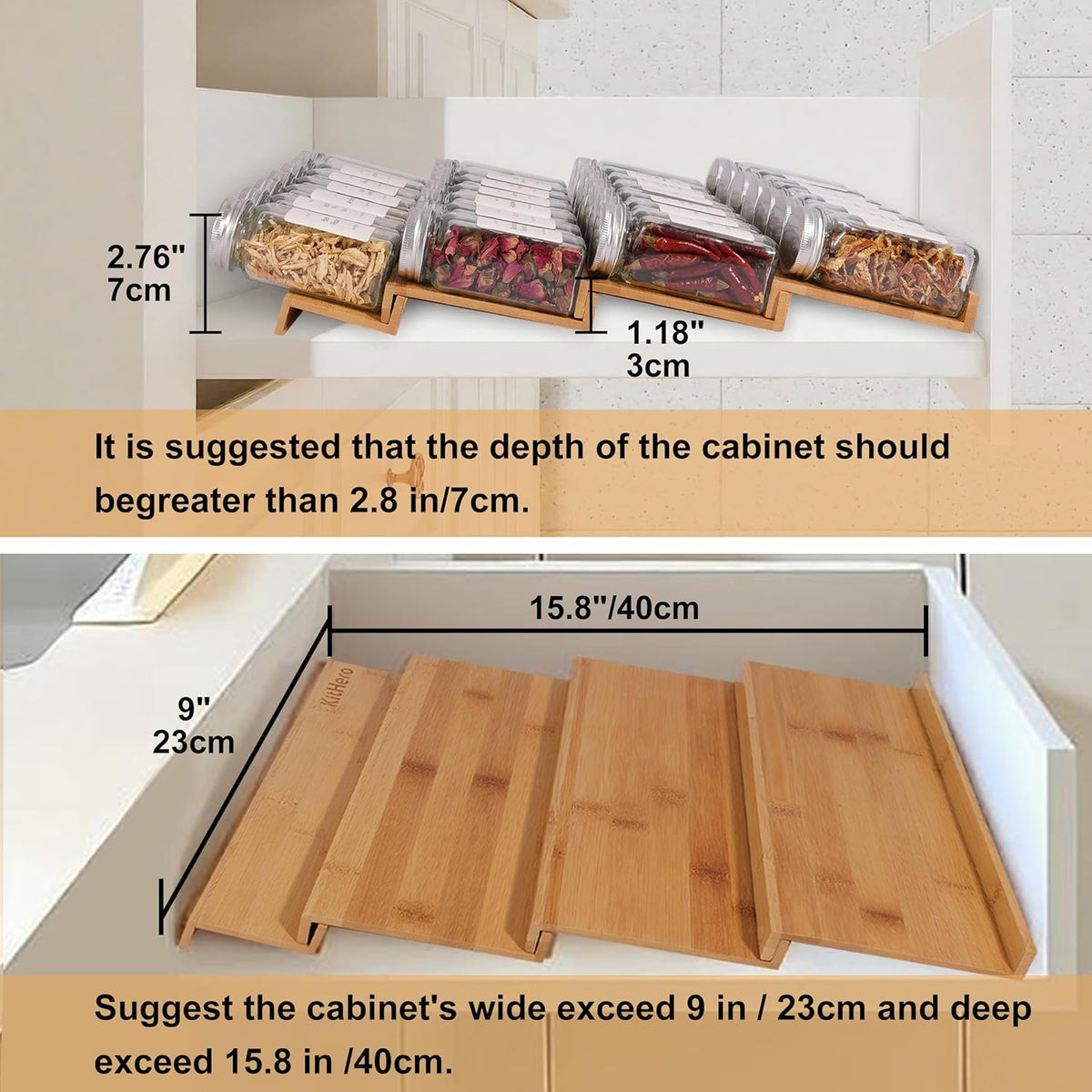 Spice Drawer Organizer with 18 Spice Jars,216 Labels,50 Non-slip Rubber, Bamboo 4 Tier Seasoning Rack Tray Insert for Kitchen Drawers,Cabinets,Countertop,9" Wide x 15.8" Deep