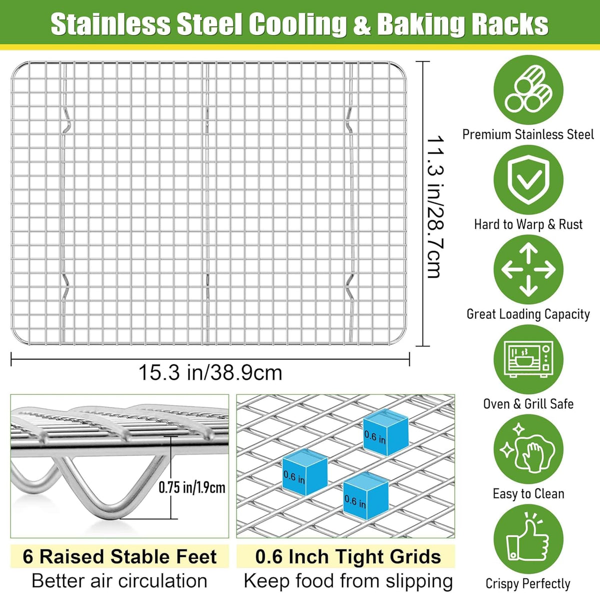 Homikit 2 Pack Cooling Racks, 15.3 x 11.3 Inch Stainless Steel Large Baking Rack Set for Roasting Grilling, Bacon Bread Pizza Cookie Oven Wire Rack Fits 16x12 Sheet Pan, Rust Free & Dishwasher Safe