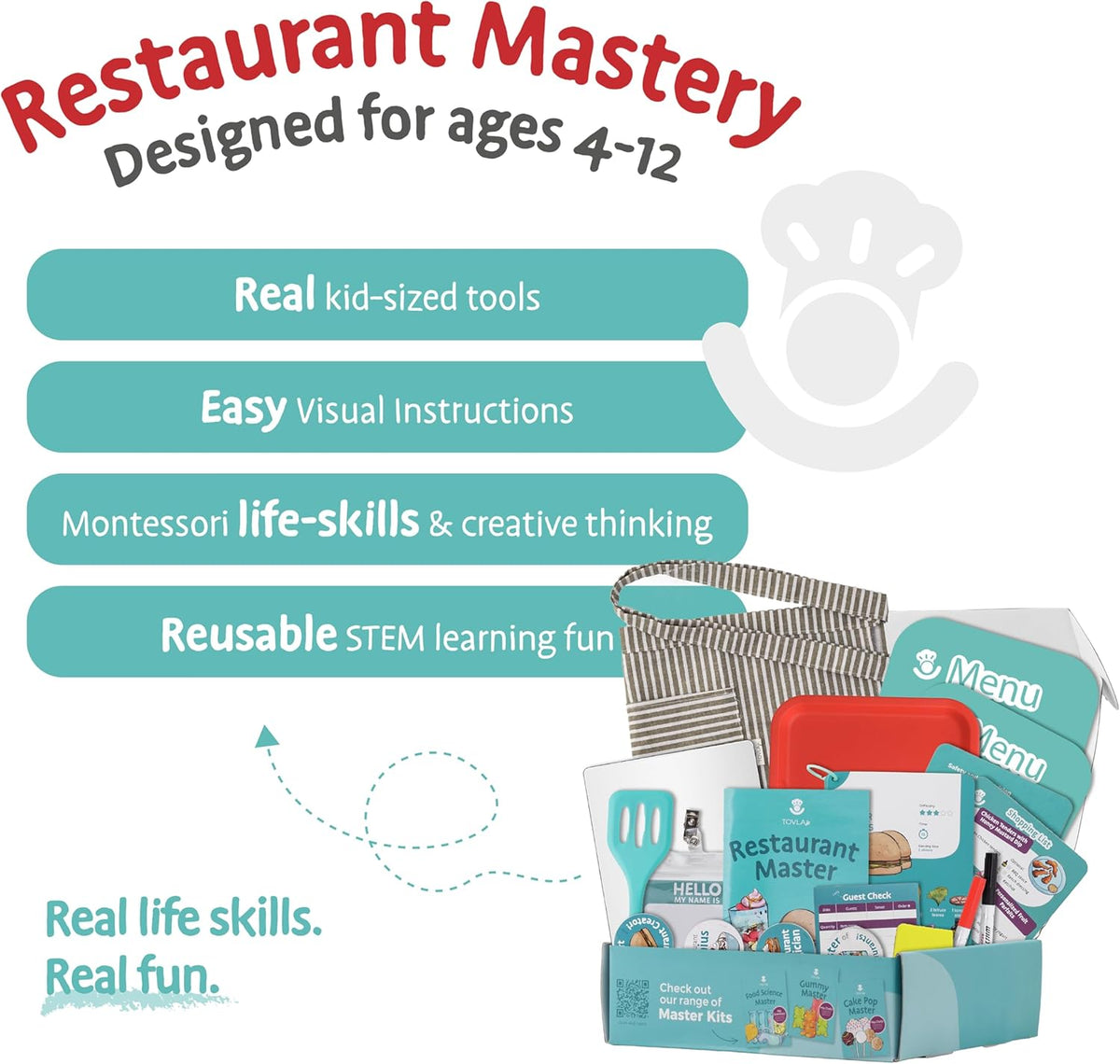 Tovla Jr. Real Restaurant Cooking Set for Kids | Montessori-Inspired STEM Kit for Ages 4+ | Hands-On Cooking Tools, Visual Recipe Cards, Educational Gift for Aspiring Chefs