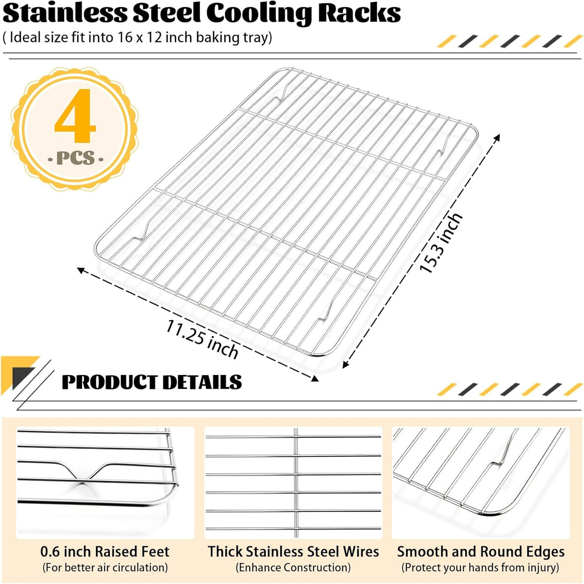 P&P CHEF Baking Cooling Rack Set for Cooking Roasting, 4-Piece Stainless Steel Wire Racks for Oven Use, Healthy & Dishwasher Safe, Rectangle, 15.3 Inch