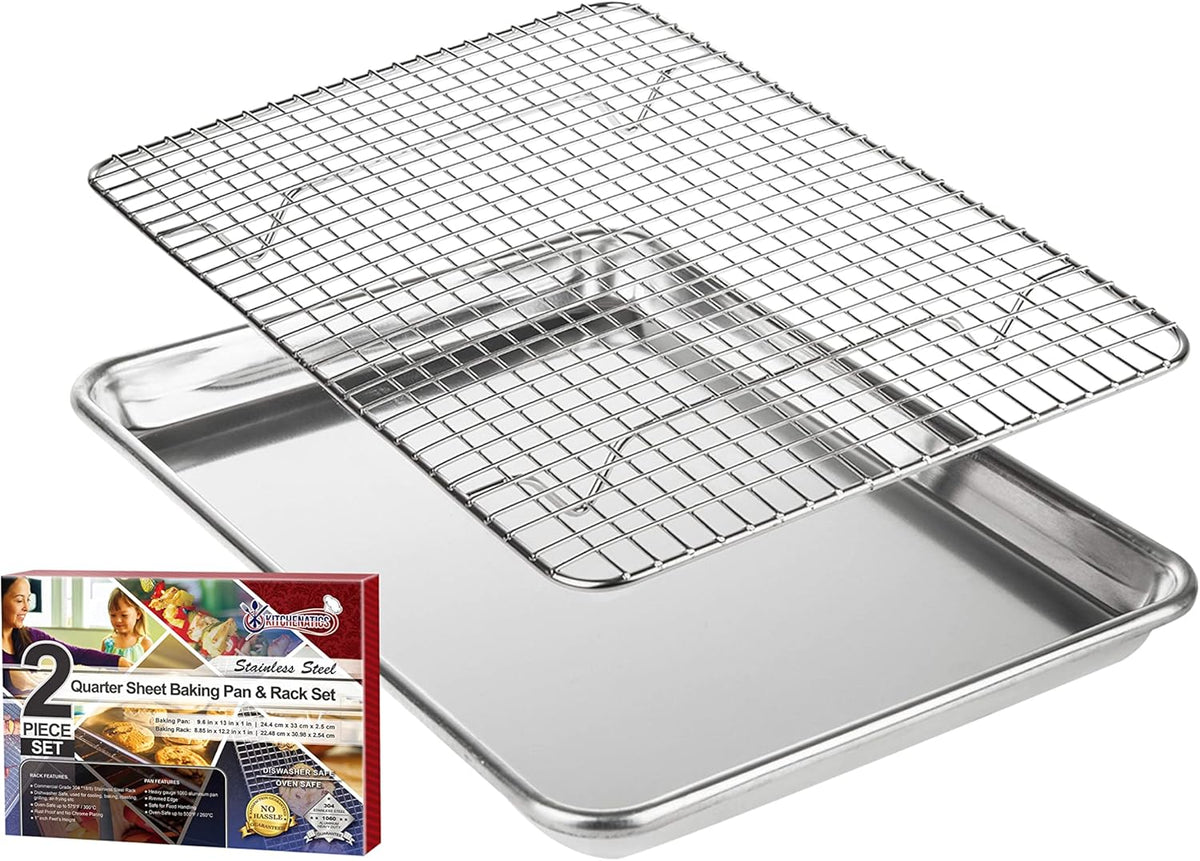 KITCHENATICS Small Quarter Sheet Baking Pan with Rack, Stainless Steel Baking Rack & Aluminum Cookie Sheet Baking Pan Toast Oven Tray w/Cooling Rack, 1/4 Sheet Pan & Wire Rack Set - 9.6" x 13" IN Pan