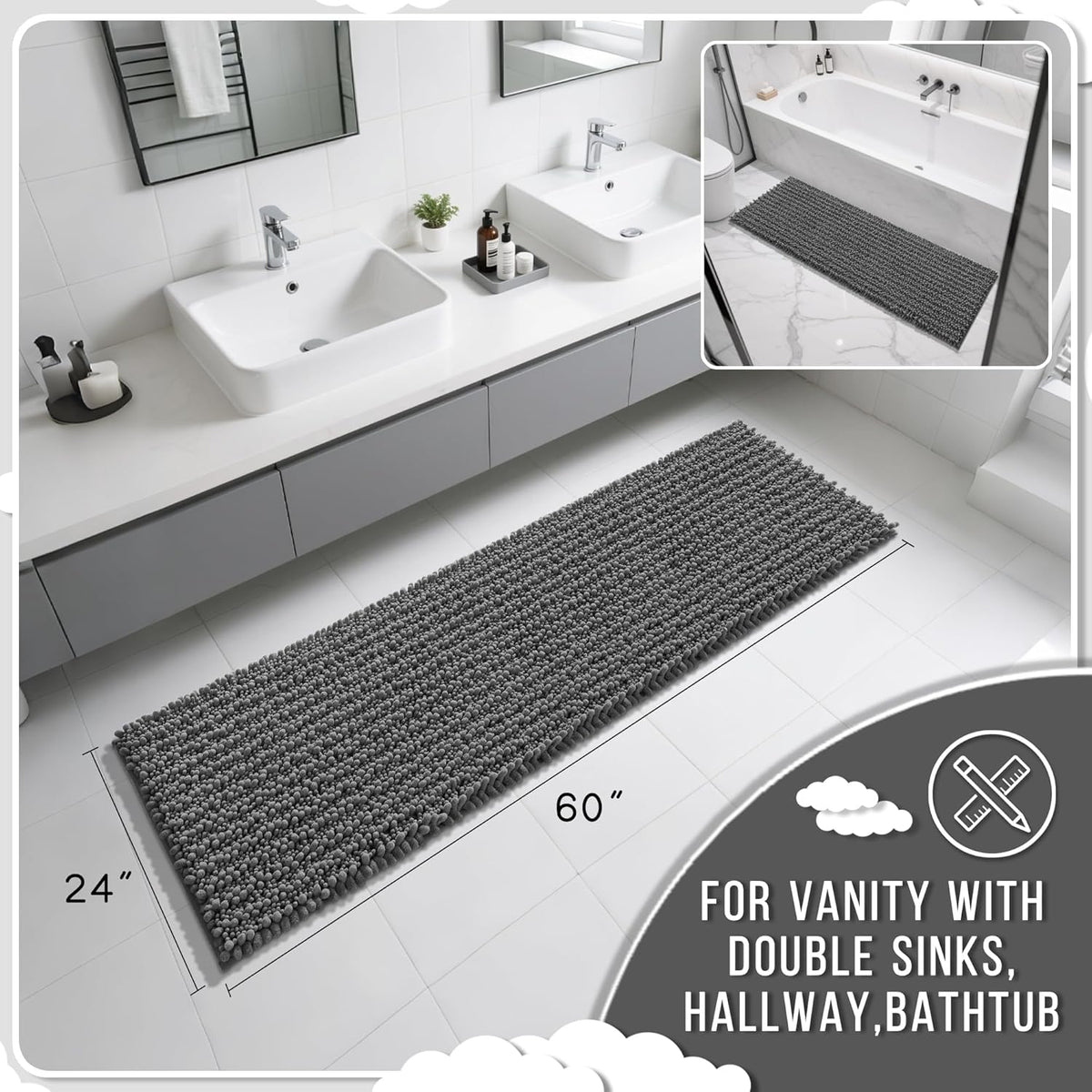 Yimobra Bathroom Runner Rug 60x24 Inch - Extra Long Non Slip Chenille Bath Mat, Soft & Absorbent, Machine Washable Shaggy Hallway Carpet for Vanity Tub Shower, Dark Gray Home Decor Accessories