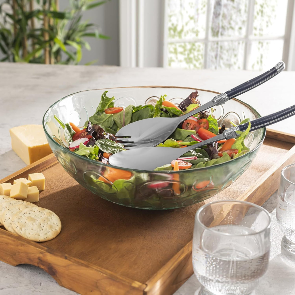 French Home Recycled Glass Celebration Salad Bowl Set – Salad Bowls with Laguiole Navy Handle Salad Servers – Elegant Kitchen Set for Your Hosting Essentials