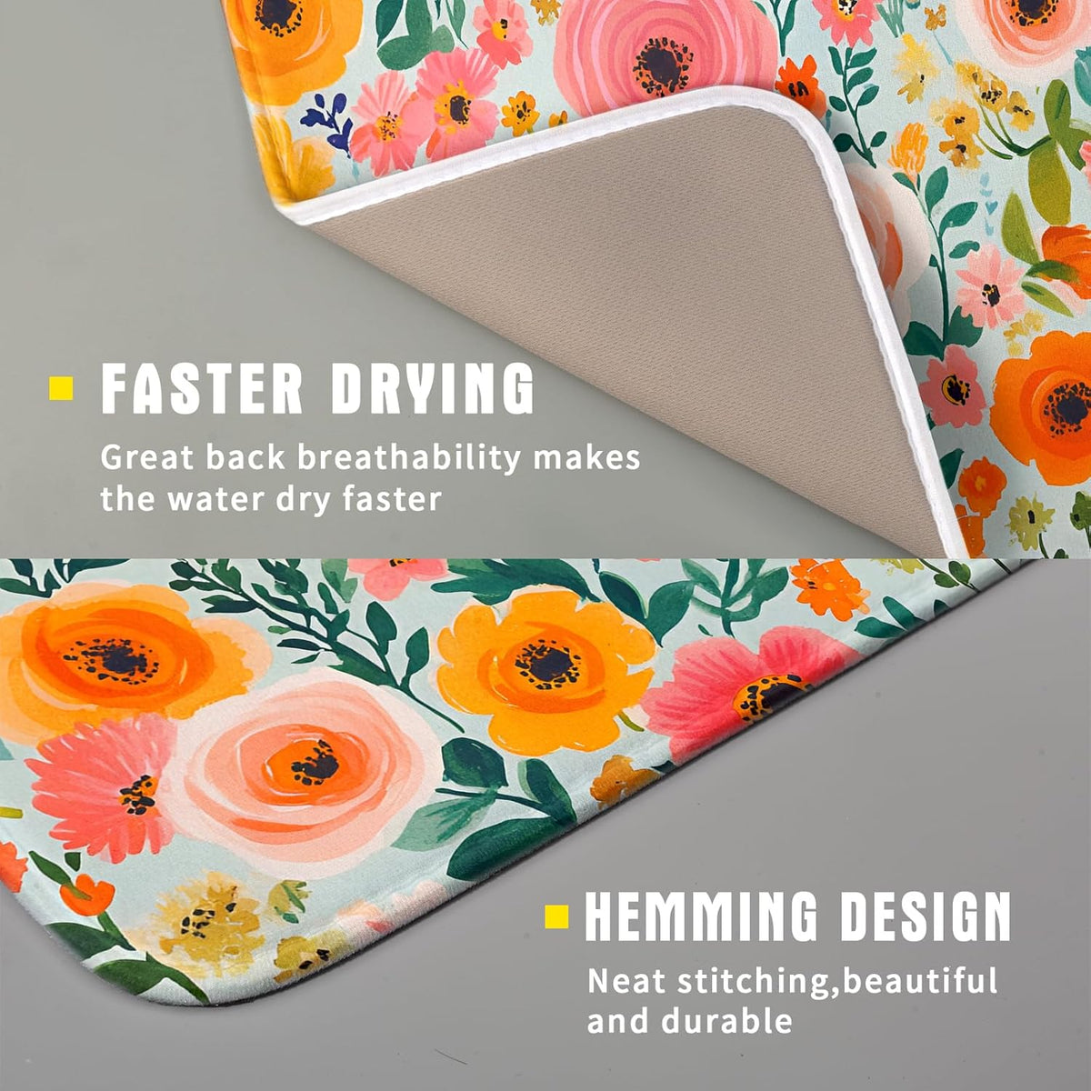 Spiral Flower Dish Drying Pad - Spring Bold Floral Printd Kitchen Countertop Cloth Pad for Home Decorative