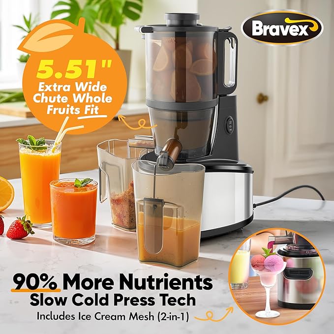 Cold Press Juicer, 5.51" Wide Feed Chute Juice Extractor Machine with 250W, High Juice Yield, Slow Masticating Juicer for Whole Vegetables & Fruits, Healthy Ice Cream Maker
