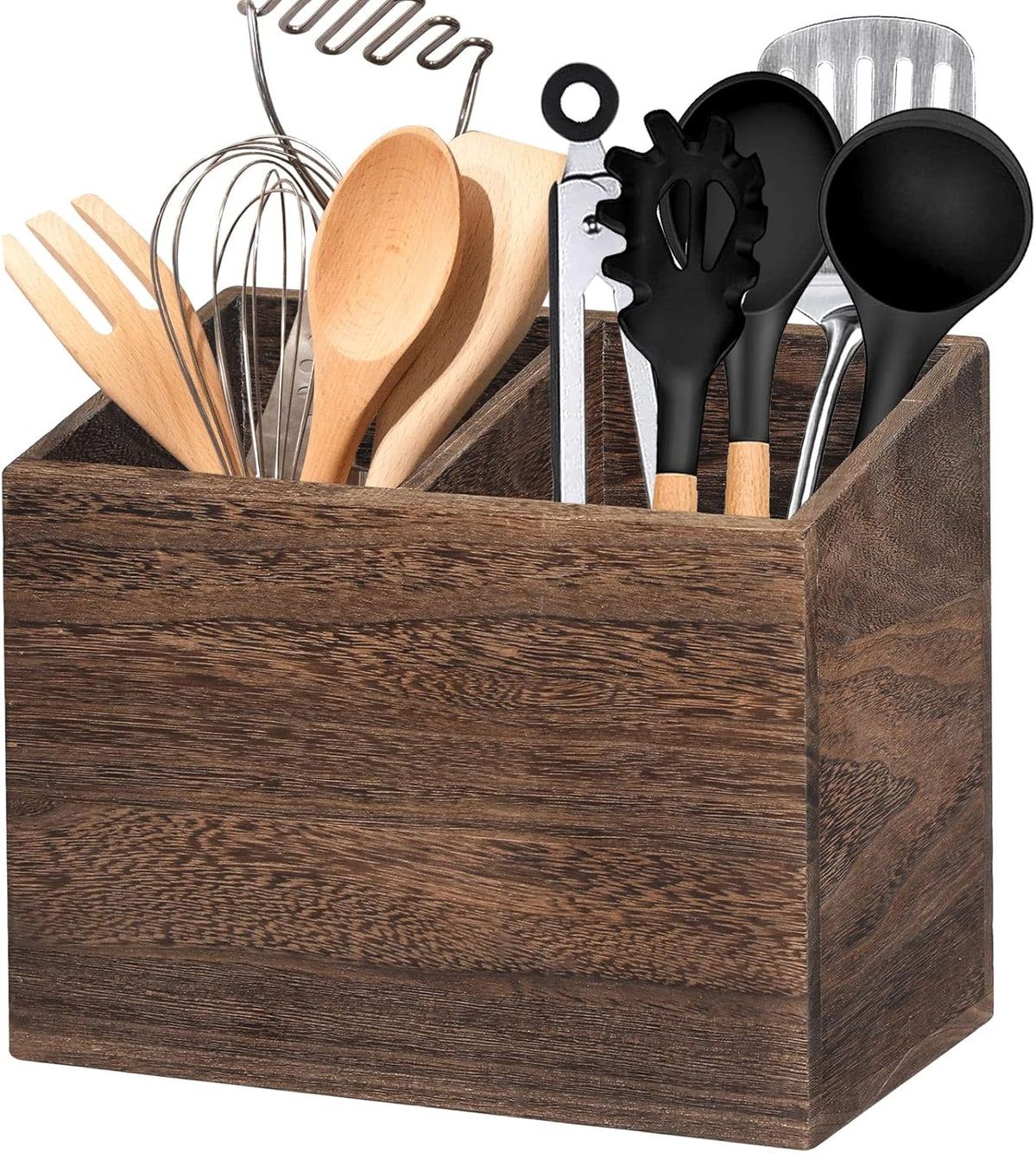 Wooden Kitchen Utensil Caddy With 2 Compartments, Rustic Utensil Holder for Kitchen Countertop, Wood Utensil Crock Organizer Box for Farmhouse Kitchen Decor (brown)