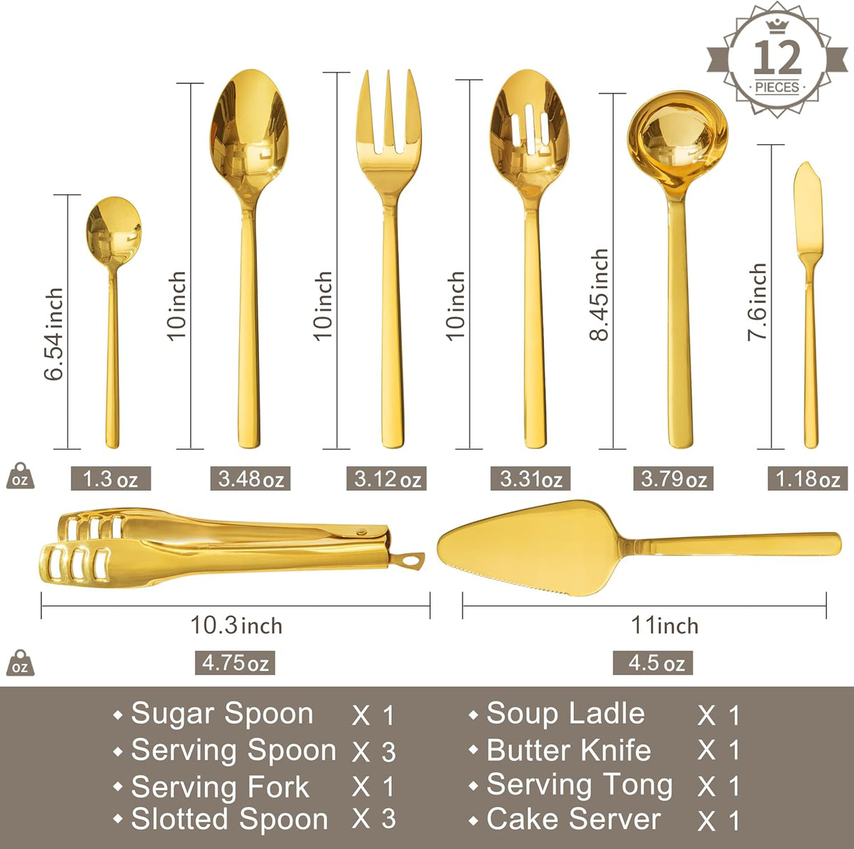 KINGSTONE Large Hostess Serving Utensils Set, 18/10 Stainless Steel -10 inch Serving Spoons, Slotted Spoons, Forks, Tongs, Cake Pie Server, Butter Knife, Sugar spoon for Buffet, Wedding, Party, Gold