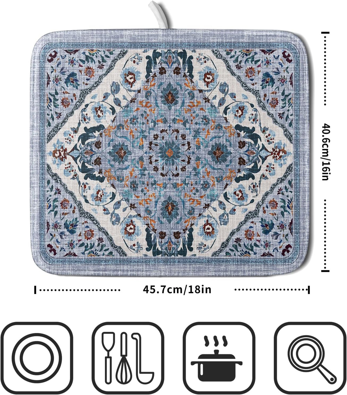 Boho Flower Dish Drying Mat Blue Bohemian Dishes Drainer Rack Mat 16x18 Inch Microfiber Kitchen Drying Pad for Countertop Tableware Decor