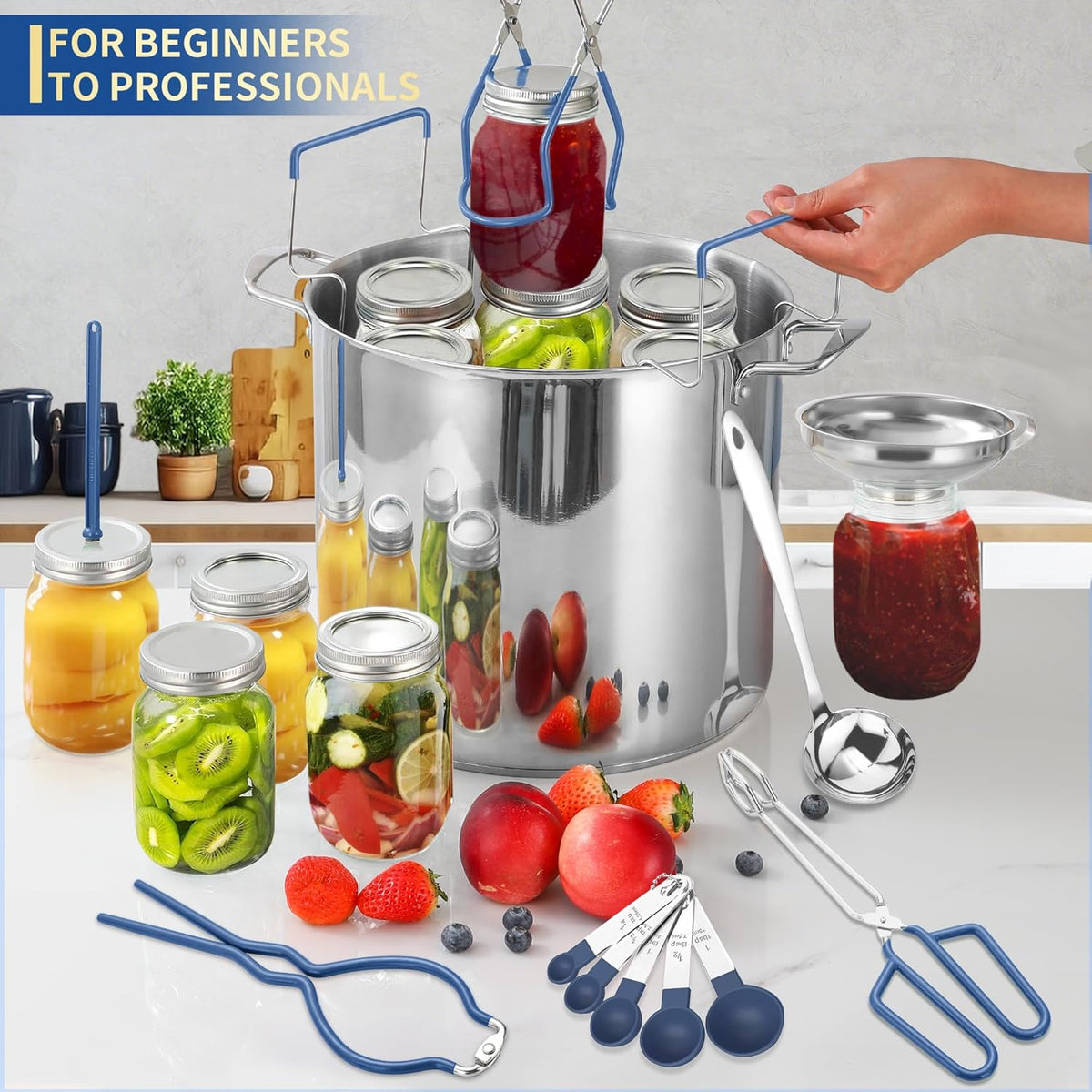 Canning Supplies Starter Kit,Canning Kit for Beginners of 11 with Rack, Jar Lifter,Funnel,Wrench,Tongs,Lid Lifter,Bubble Popper,Labels,ladle,Measuring spoon-Blue