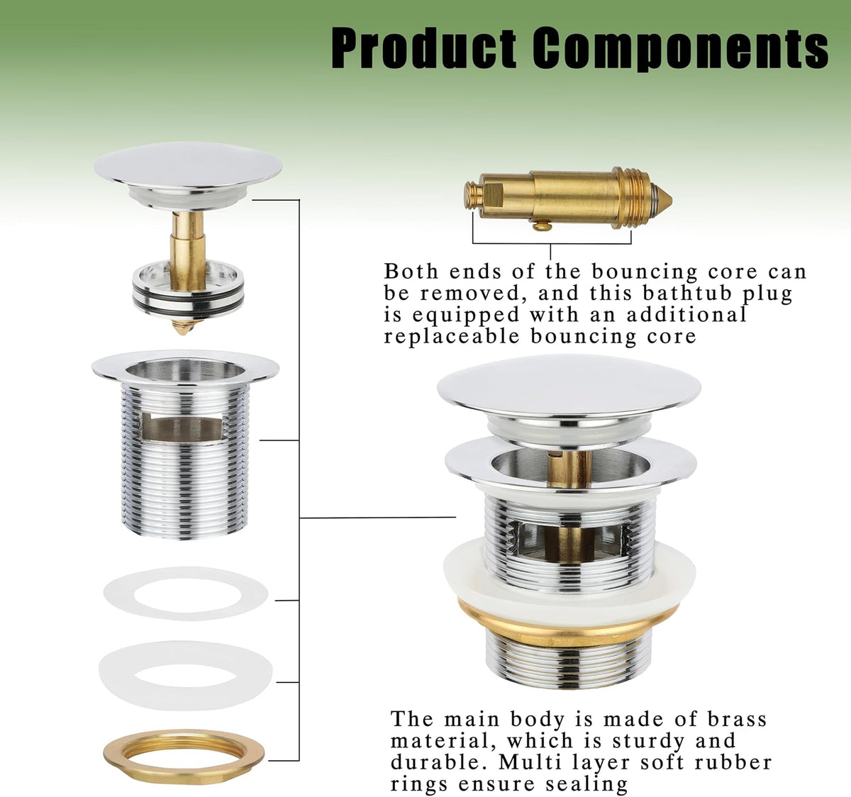 Fits Freestanding Tub Drains with Removable Pop-Up Freestanding Tub Drain Stopper, Compatible with Freestanding Tub Drain Rough-in Kit (Also Comes with a Replacement Pop-Up Bolt) (Chrome)