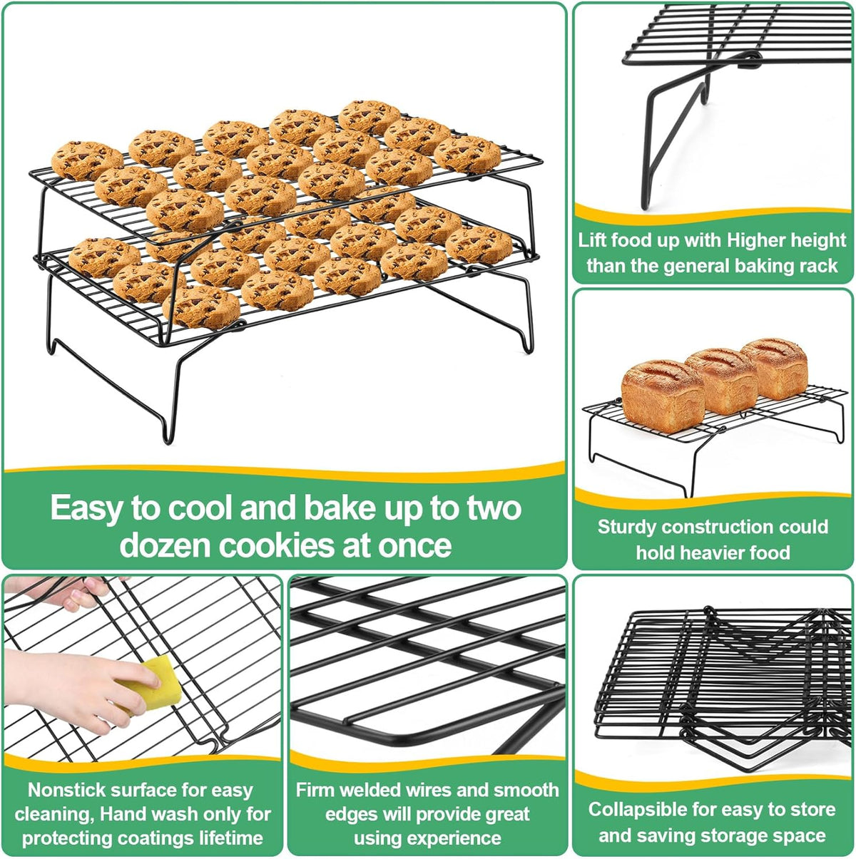 P&P CHEF Cooling Rack Set of 2, 2-Tier Stackable Stainless Steel Wire Racks for Baking Cooking Cooling Roasting, Collapsible & Heavy Duty, Oven Safe & Easy Clean, 15" x 10", Black