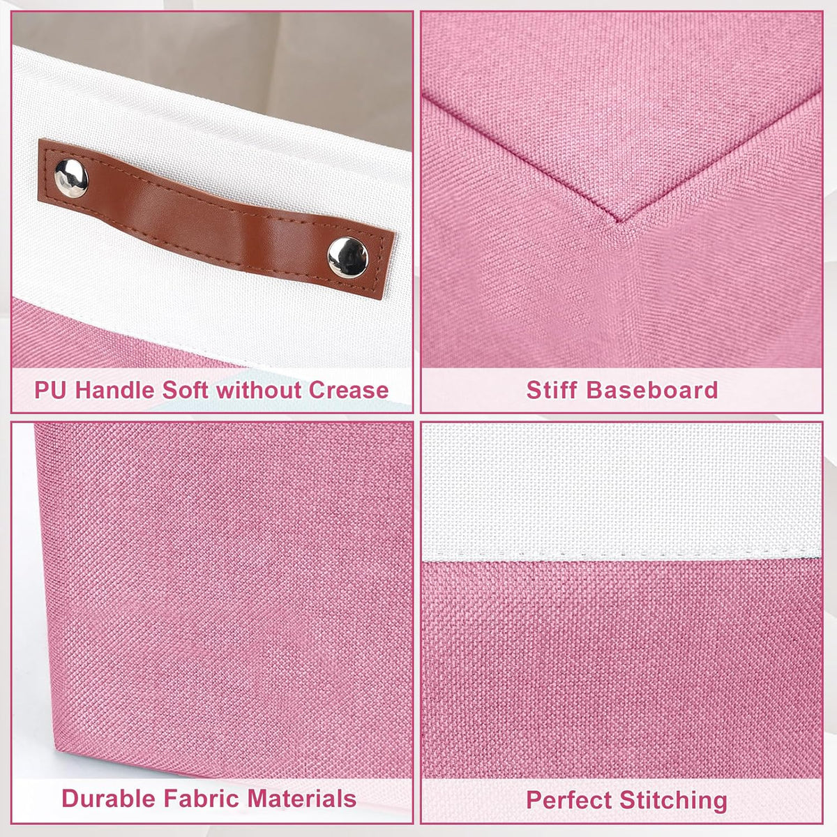 13x13 Cube Storage Bins, Collapsible Fabric Storage Box, 4 Pack Closet Baskets with Handles for Organizing, Shelf, Toys, Clothes, Home, Office, Nursery (Pink&White)