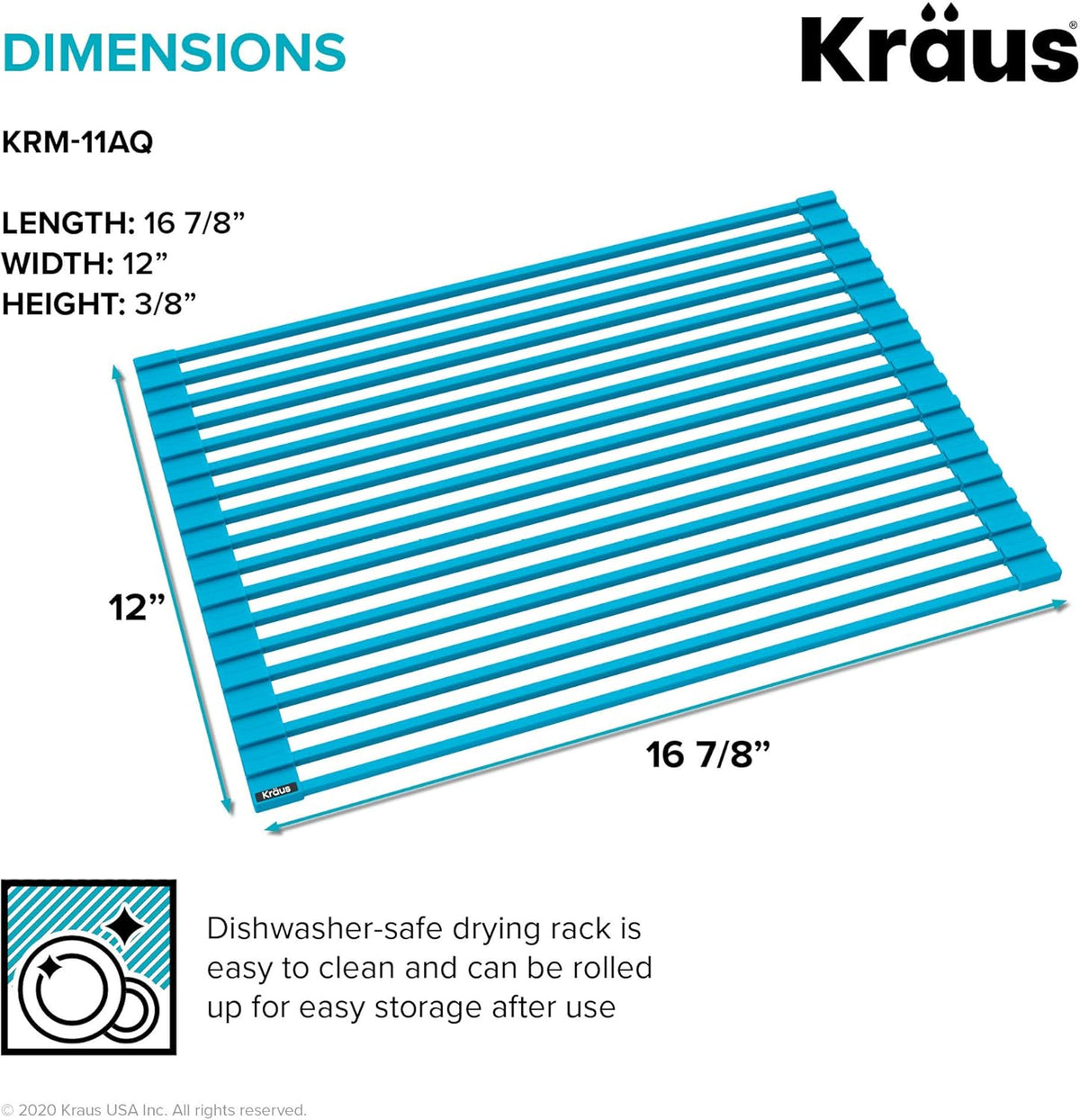 KRAUS Multipurpose Workstation Sink Roll-Up Dish Drying Rack, Colander and Trivet in Aqua, KRM-11AQ