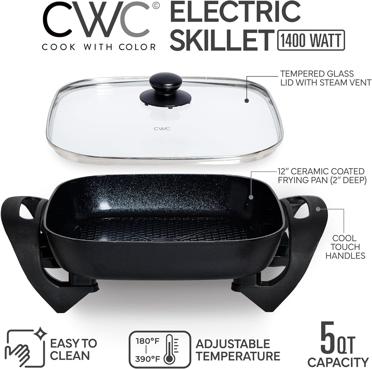 COOK WITH COLOR Electric Skillet - 12" x 12" Ceramic Nonstick Pan, PFAS-Free, 1400W, Tempered Glass Lid, Variable Temperature, Removable Heating Probe, Cool-Touch Handles, Black