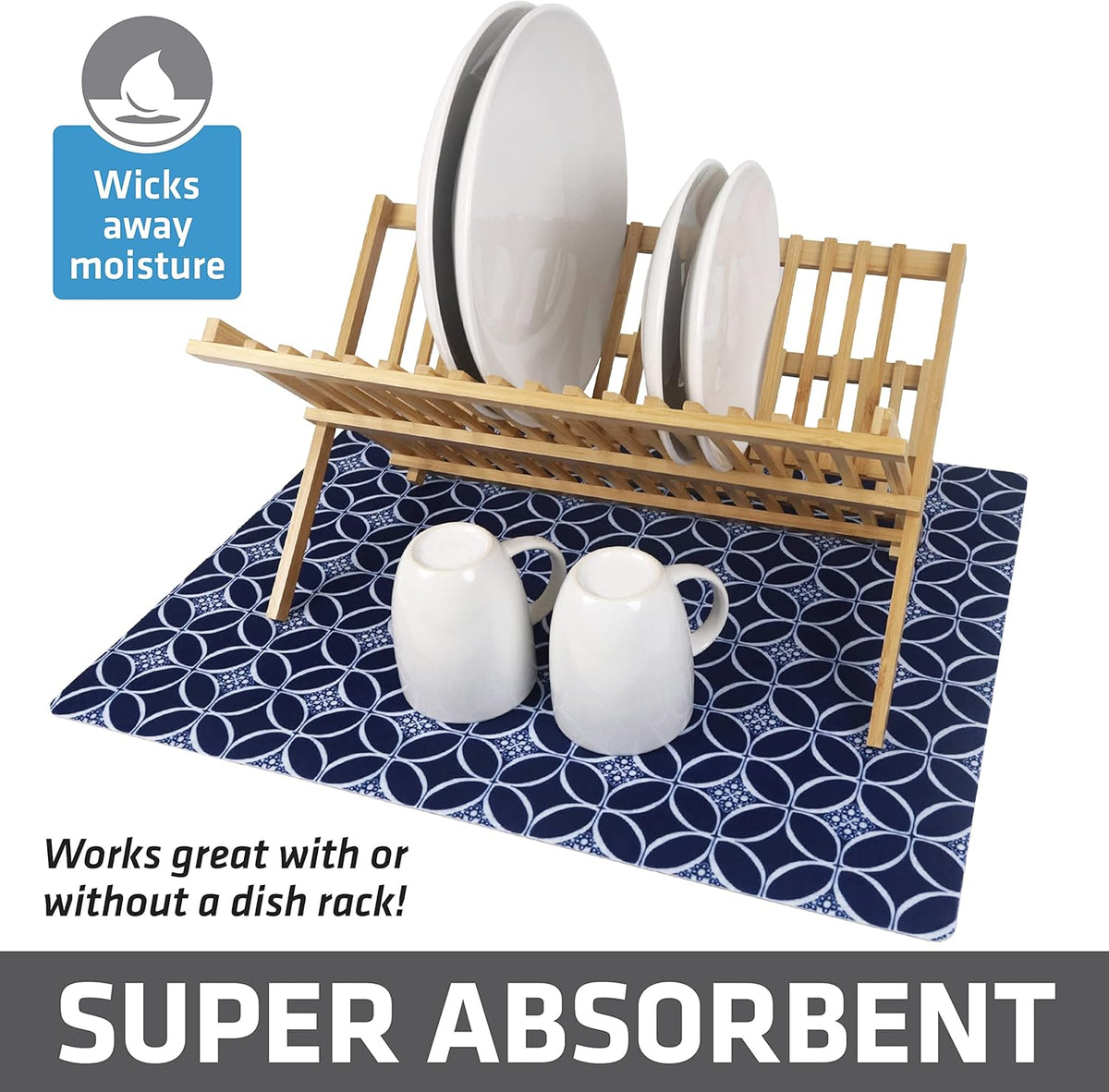 Drymate XL Dish Drying Mat, Oversized (19”x24”), Low-Profile, Super Absorbent, Quick Dry Fabric, Waterproof & Slip-Resistant, for Kitchen Counter, Trimmable, Easy to Clean (USA Made)(Indigo)