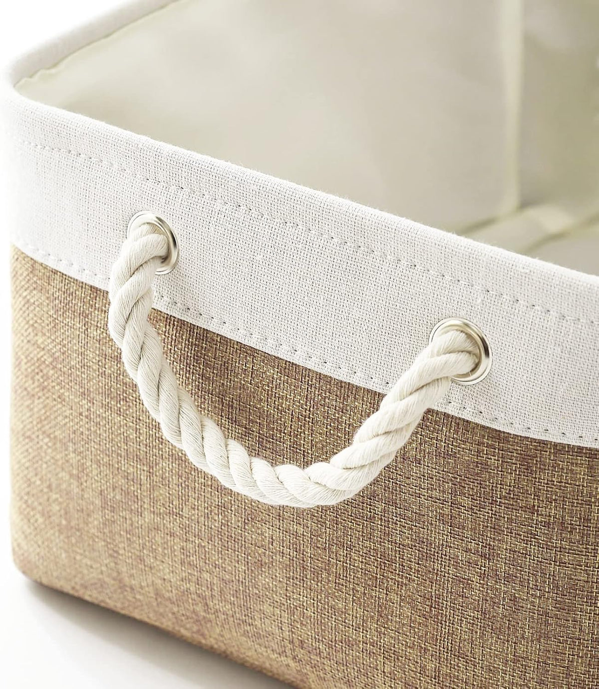 Fabric Storage Baskets - Rectangular Baskets for Organizing Fabric, Shelves & Decorative Use (White & Khaki)