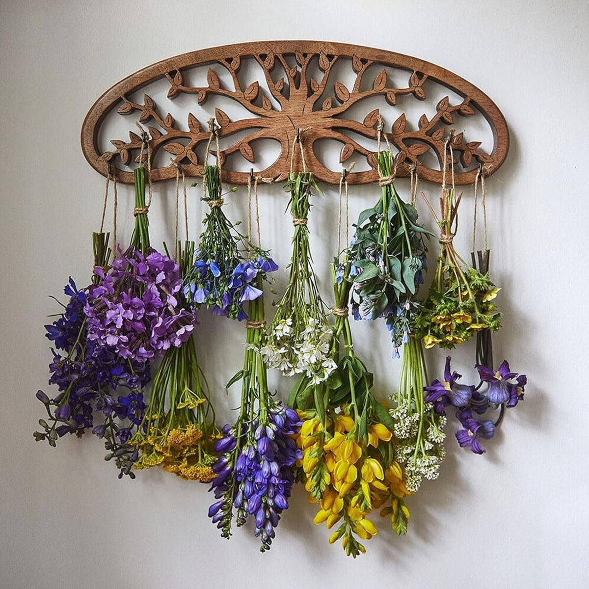Rustic Herb Drying Rack Hanging - Artistic Life Tree Design for Kitchen Witches & Gardeners - Holds 11 Bouquets - Saving Space Herb & Flower Dryer - Gift for Crafters - Wall Art Décor