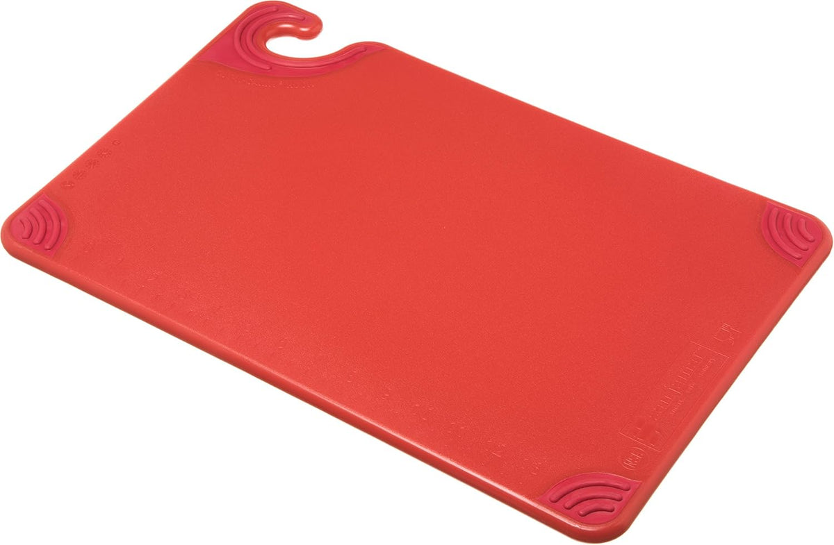 San Jamar Saf-T-Grip Plastic Cutting Board with Safety Hook, 12" x 18" x 0.5", Red