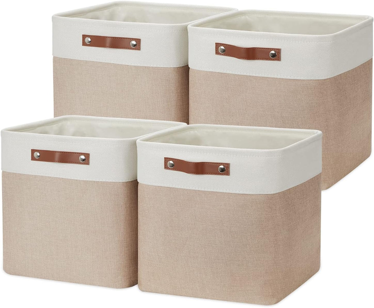 DULLEMELO Cube Storage Bins - 4 Pack Foldable Large Storage Baskets 12 inch Gifts Empty Fabric Bins for Home Office Cubes Organizer Closet, Shelves, Toy, Nursery (4 Pack - 12" White&Khaki)