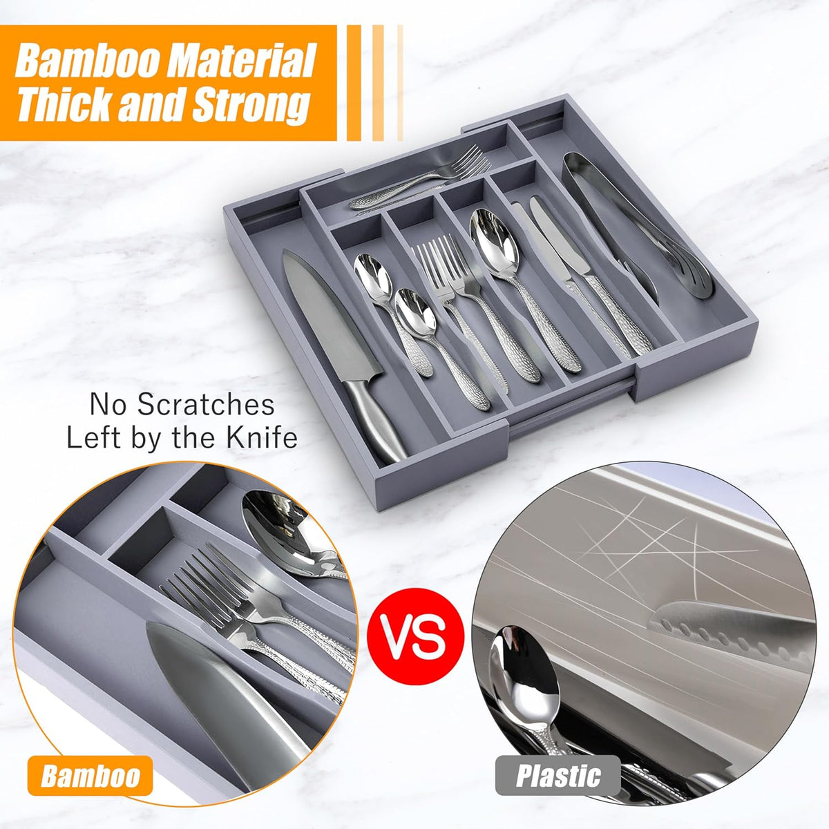 Kitchen Silverware Drawer Organizer and Storage Bamboo Wood Cooking Utensil Holder Cutlery Knife Jewelry Spice Rack Spoon Fork Multi Cabinet Organization Bathroom Counter Expandable Adjustable Tray