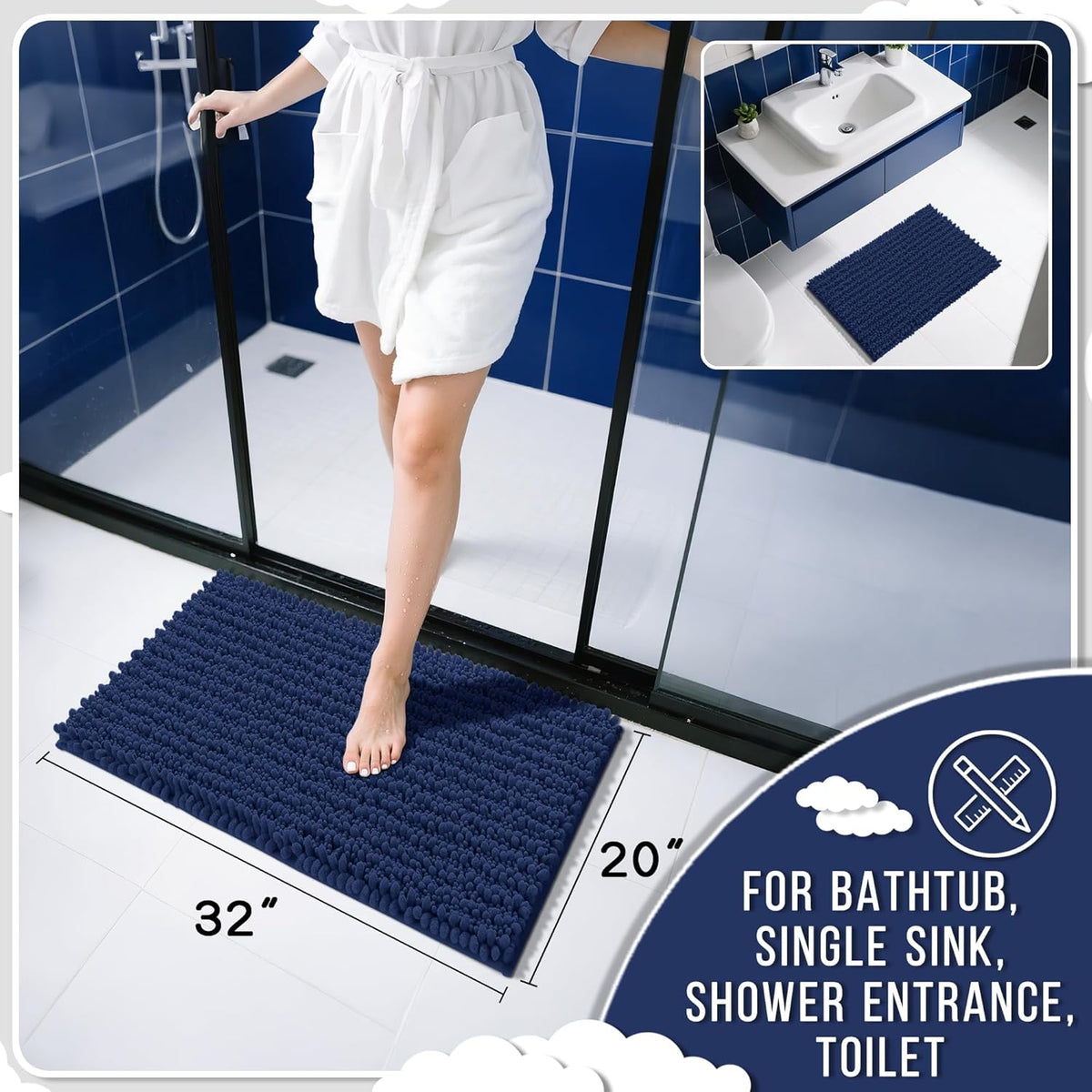 Yimobra Bathroom Rugs Non Slip Washable 32x20 Inch - Ultra Soft Absorbent Chenille Bath Mat, Quick Dry Shaggy Floor Carpet for Tub Shower, Navy Blue Home Decor Accessories