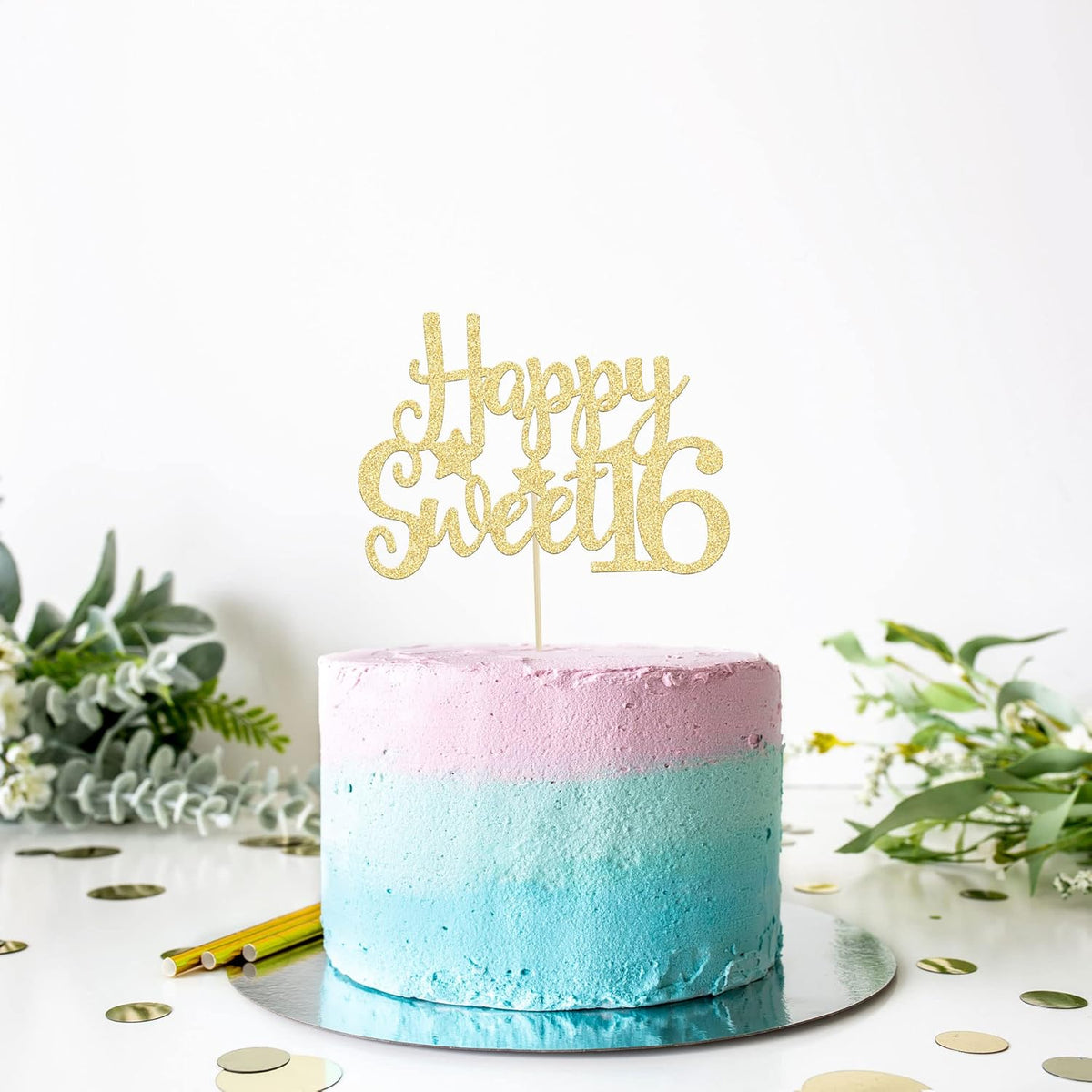 Gyufise 1Pc Happy Sweet 16 Cake Topper Gold Glitter 16th Birthday Cake Topper Sweet 16 Decorations 16th Birthday Decorations