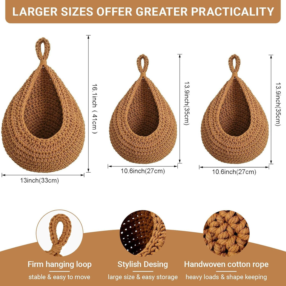 Hanging Fruit Baskets for Kitchen, 3 Pack Boho Cotton Rope Handwoven Vegetable Storage Wall Mounted Large Organizing Basket for Farmhouse Decor, Onion, Potato, Garlic and Plants (Caramel)