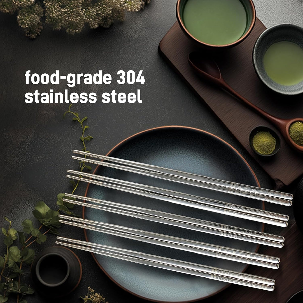 Metal Chopsticks Reusable 5 Pairs Stainless Steel Chopsticks Japanese Chinese Korean Metal Chop Sticks Dishwasher Safe Non Slip Cute Laser Engraved 9.25 Inch for Cooking Eating Gift Set