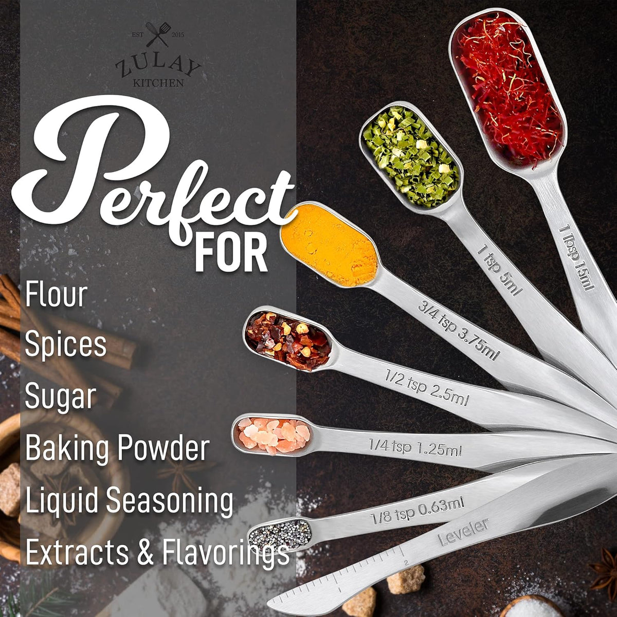 Zulay Heavy Duty Stainless Steel Measuring Spoons with Easy to Read, Slim Design for Narrow Spice Jars, 6 Piece Measuring Spoons with Etched Markings & Removable Clasp, Table Spoons Measuring Spoon