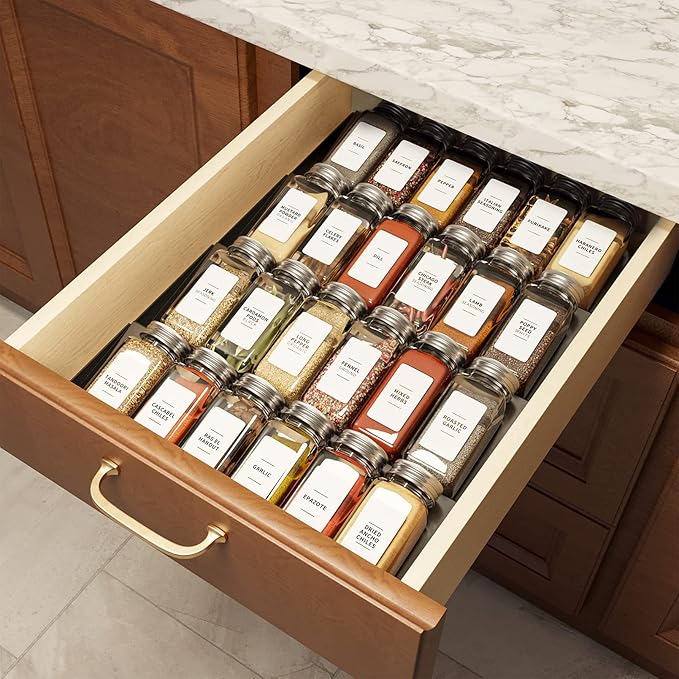 SpaceAid Spice Drawer Organizer with 24 Spice Jars, 378 White Minimalist Spice Labels, 4 Tier Seasoning Rack Tray Insert for Kitchen Drawers, 11.25" Wide x 17.5" Deep